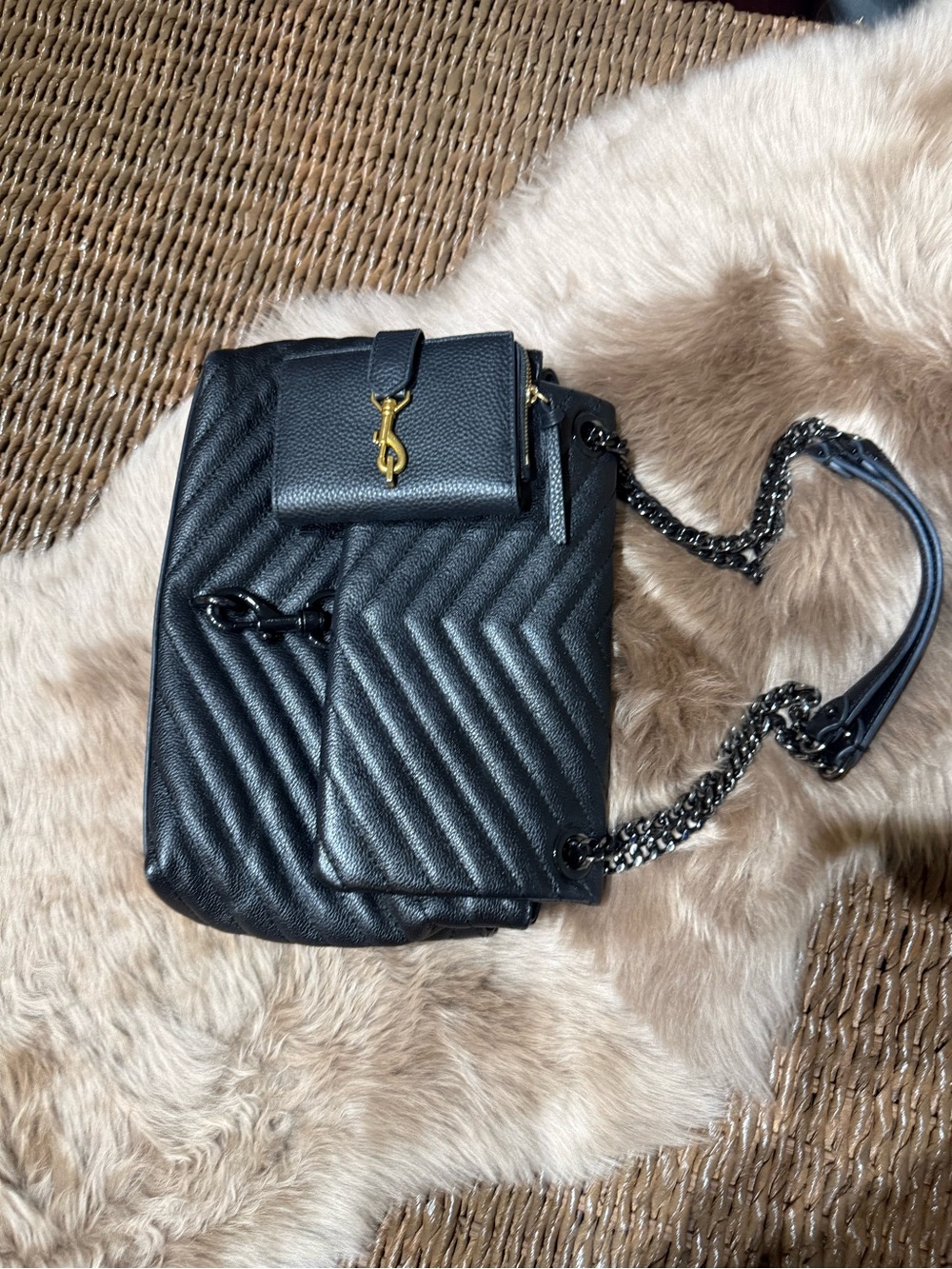 Rebecca Minkoff Black Quilted Chevron Shoulder Bag with Gold Accent.